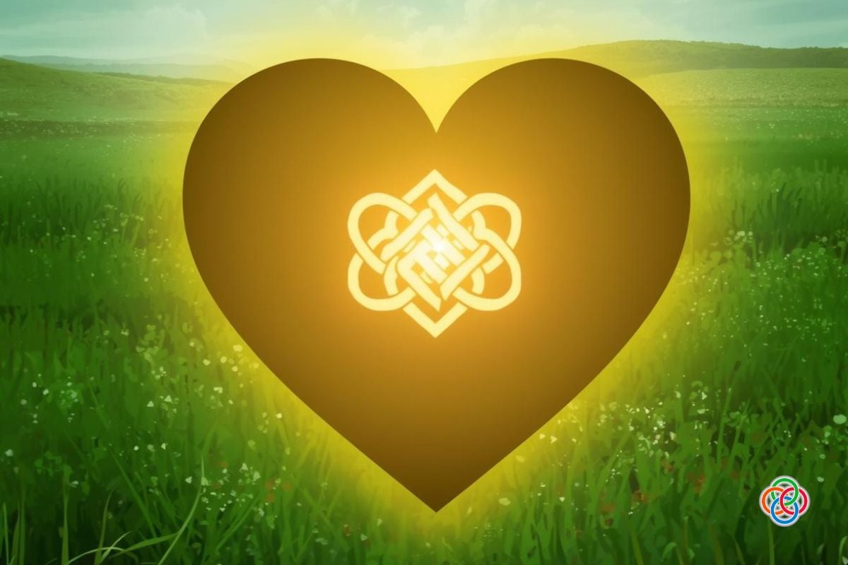 Heart glowing over fields with a Celtic knot at its center