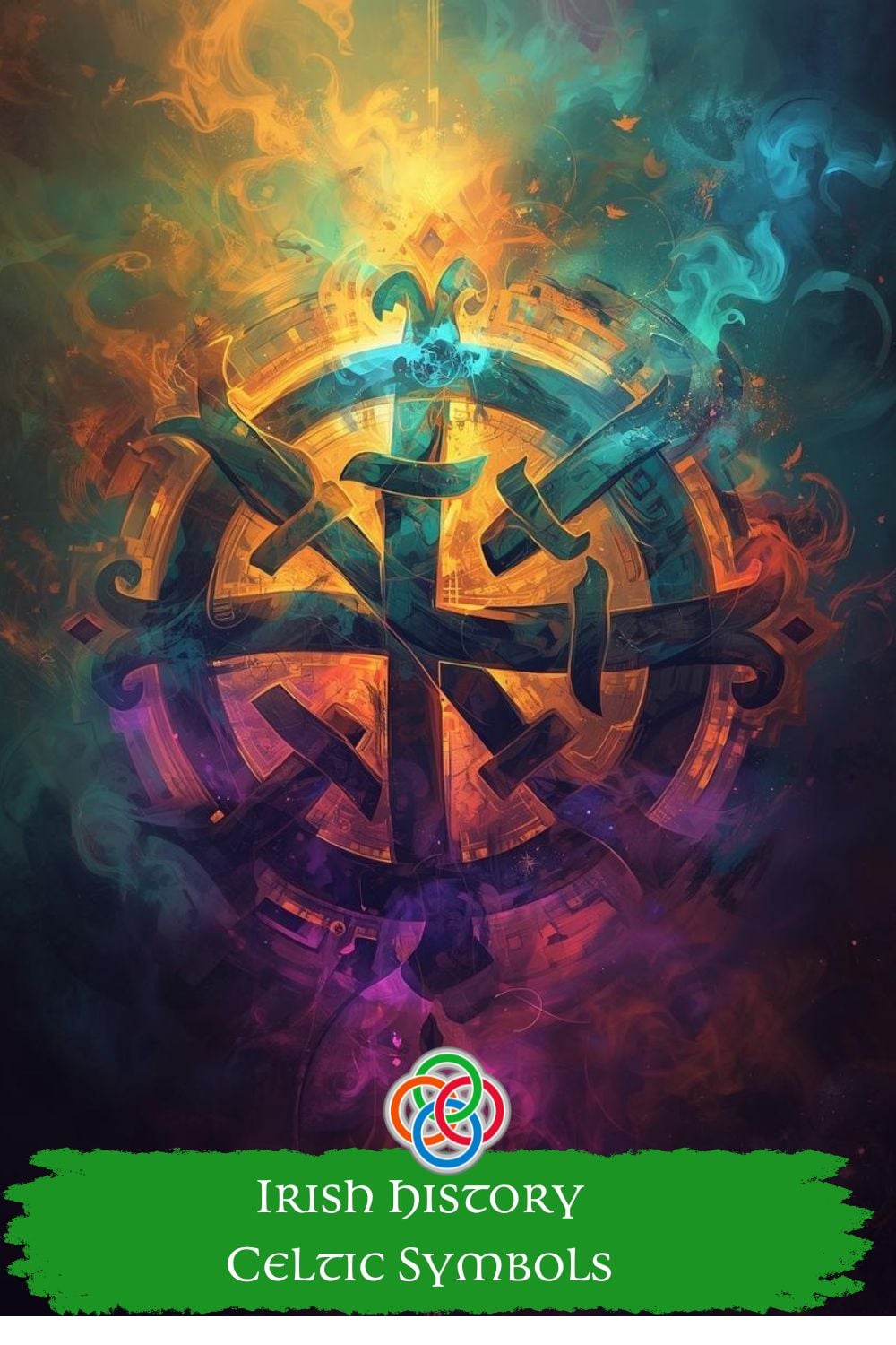 Irish History Celtic Symbols | Irish American Mom Artistic illustration of glowing Celtic symbols intertwined in a circular design, representing ancient Irish beliefs, interconnectedness, and the enduring legacy of Celtic culture.