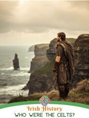 Illustration of an ancient Celtic man standing on a cliff overlooking the Atlantic Ocean in Ireland, symbolizing connection to land, ancestry, and the enduring legacy of Celtic culture.