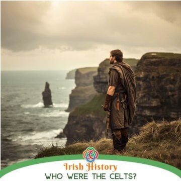 Illustration of an ancient Celtic man standing on a cliff overlooking the Atlantic Ocean in Ireland, symbolizing connection to land, ancestry, and the enduring legacy of Celtic culture.
