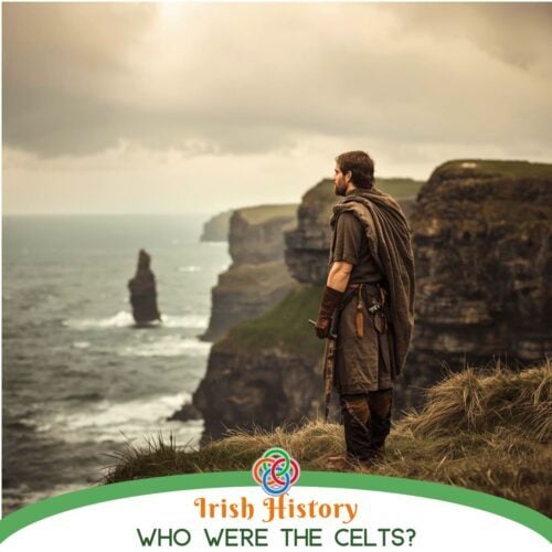 Illustration of an ancient Celtic man standing on a cliff overlooking the Atlantic Ocean in Ireland, symbolizing connection to land, ancestry, and the enduring legacy of Celtic culture.