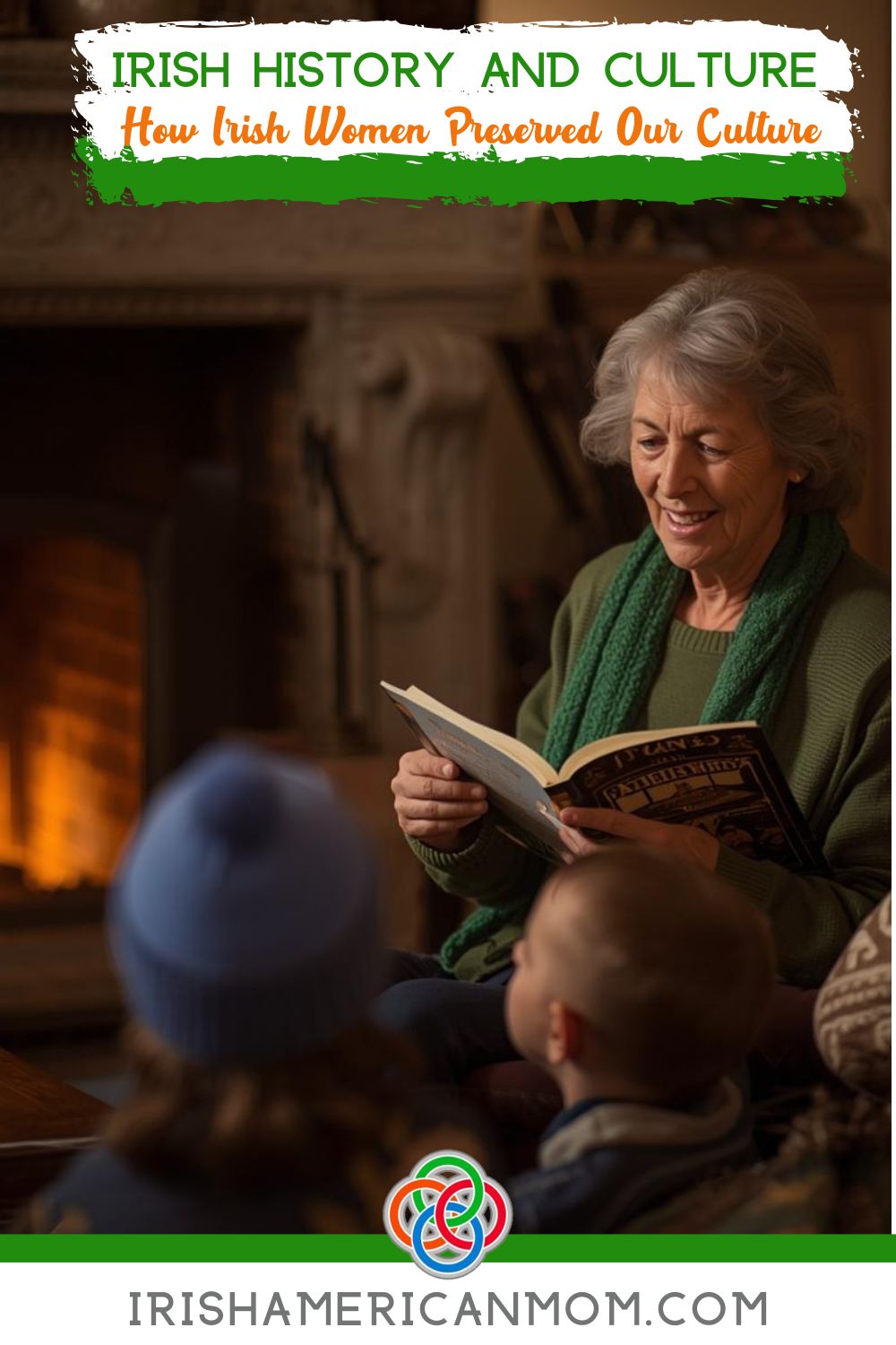 Woman reading to children with text banners