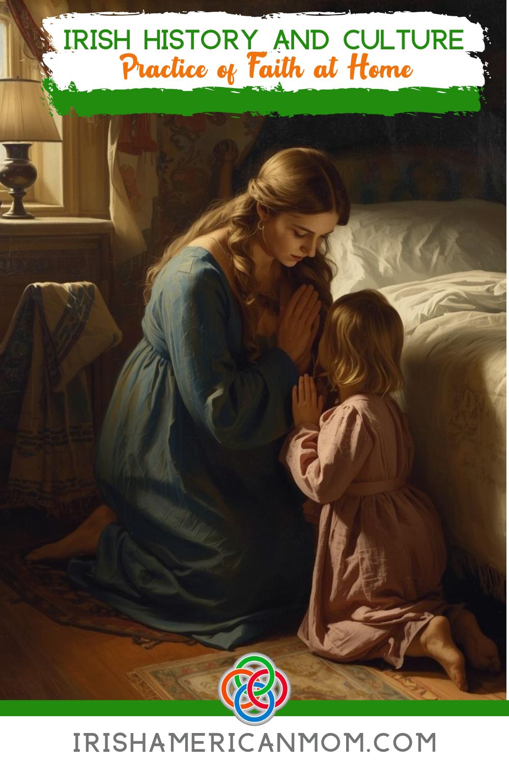 Mother and child praying on bended knees with text banners