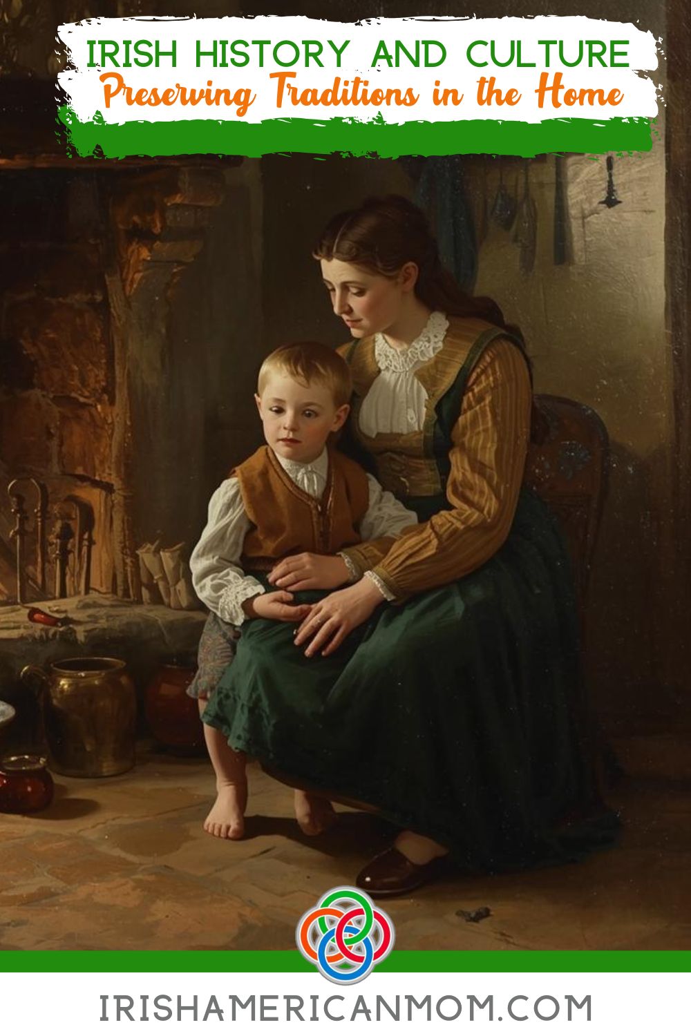 Woman and child beside a fire with text banners