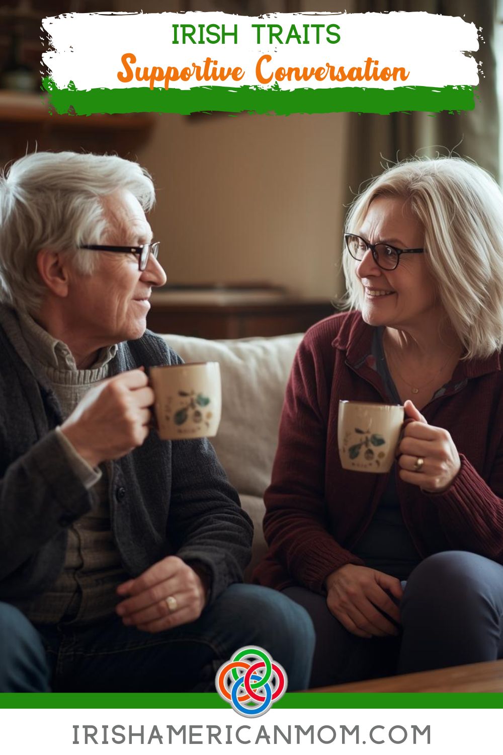 Irishness - A man and woman sitting beside each other holding mugs with text banners 