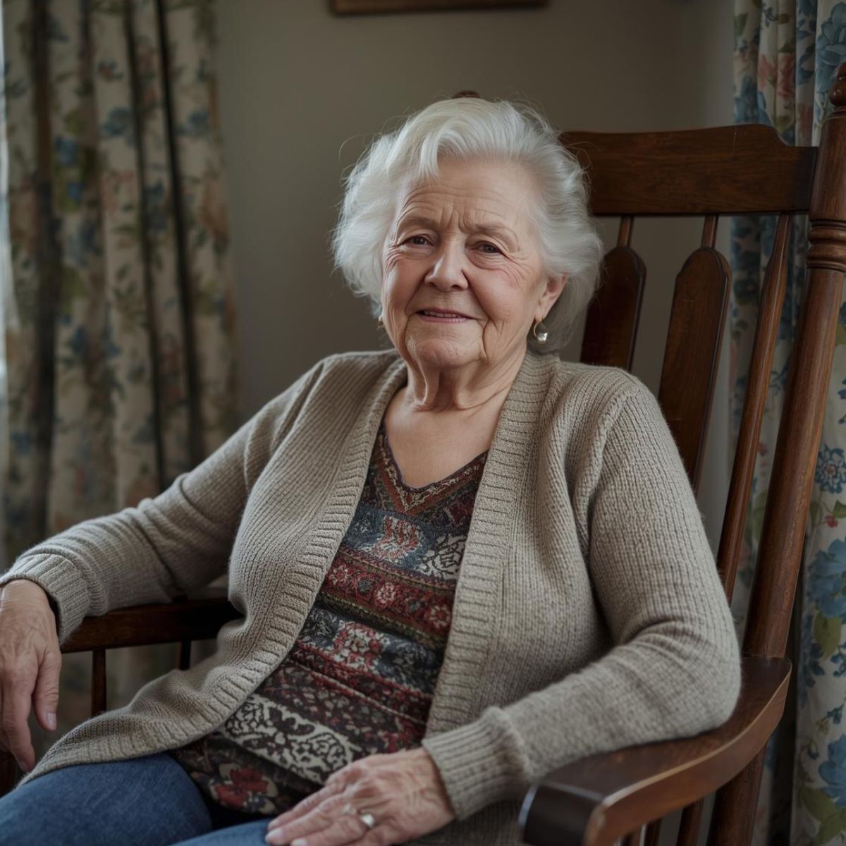 Grandmother sitting in a wooden chair