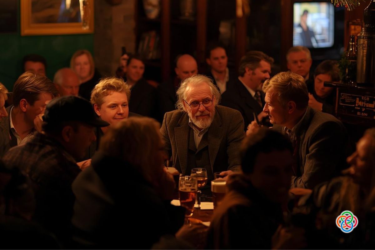 A group of men chatting around a table