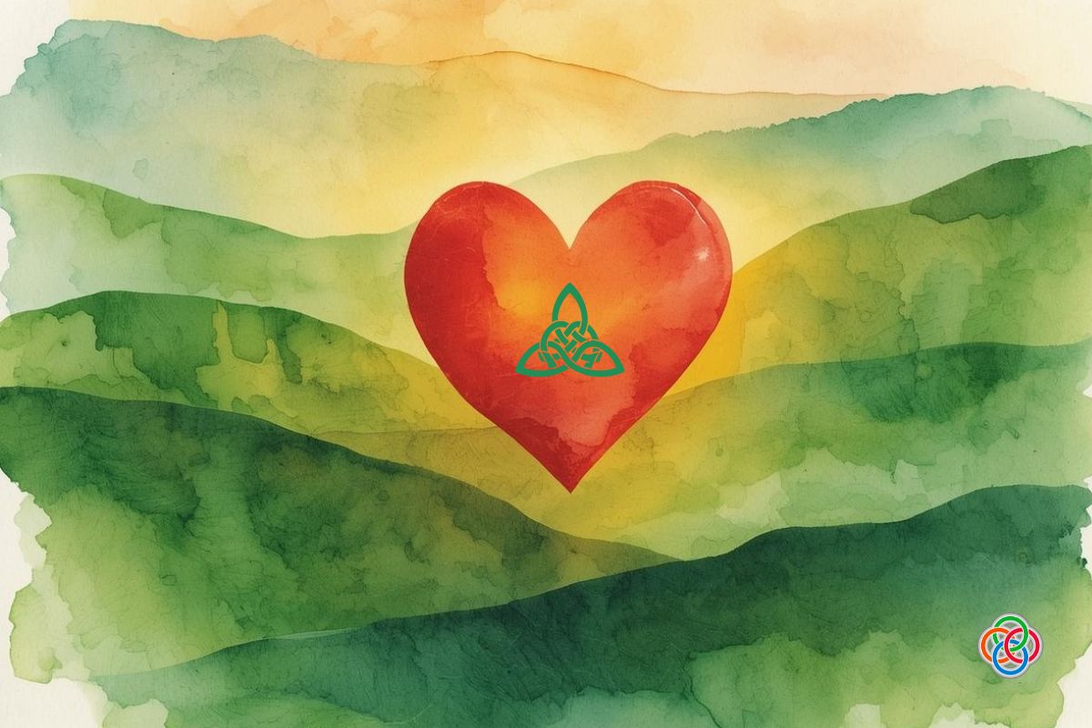 Heart with a Celtic knot at its center depicted over rolling green hills