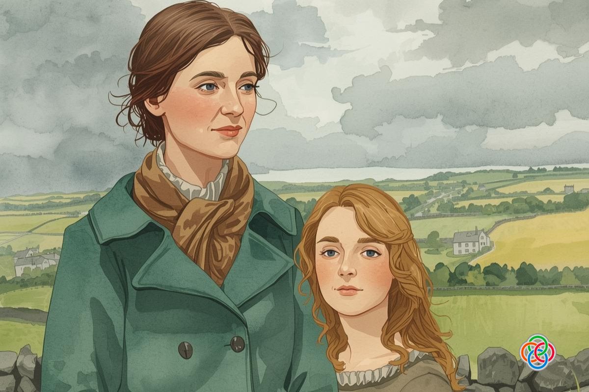 Sketch of a woman and daughter with fields in the background