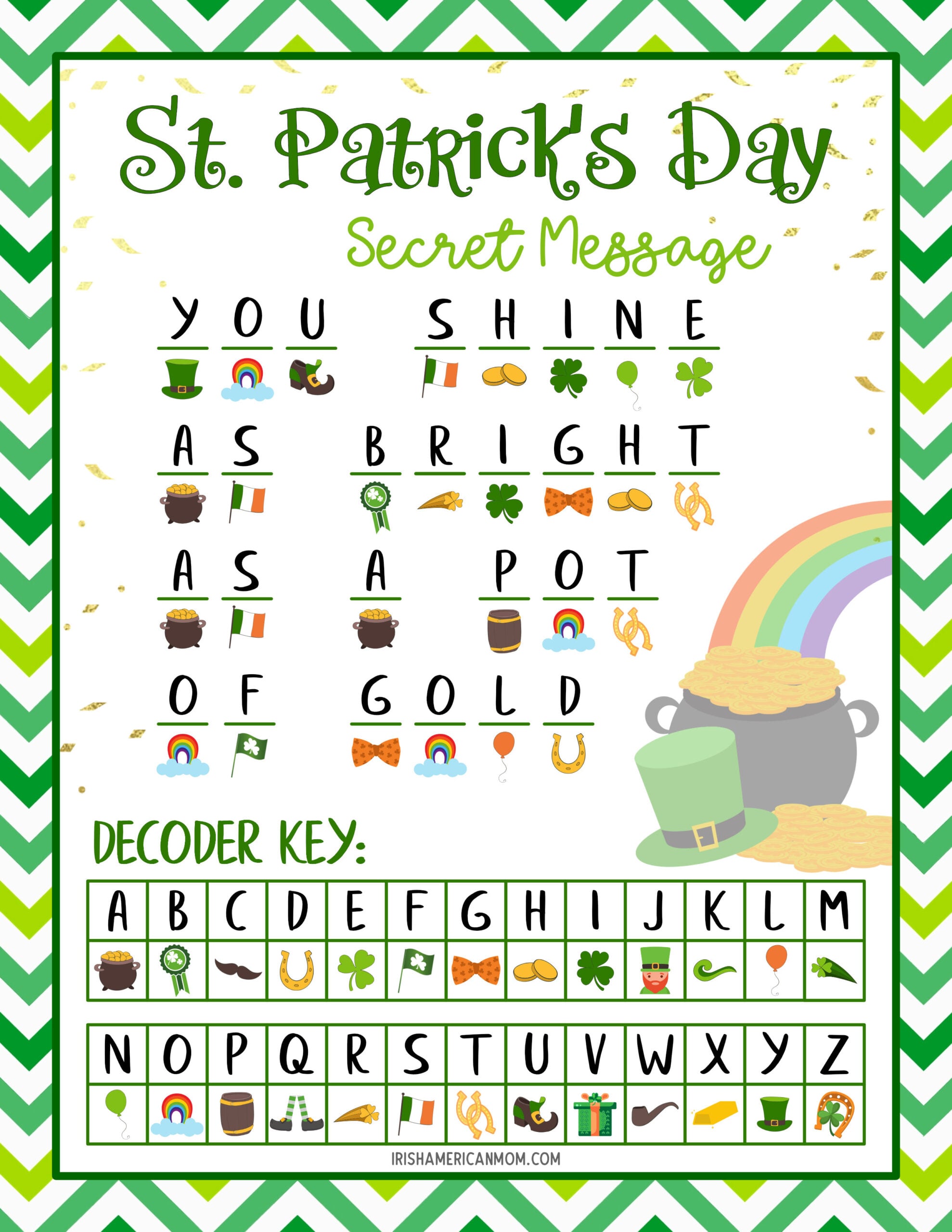 St. Patrick’s Day secret message answer key printable displaying the decoded sentence “You shine as bright as a pot of gold,” with green chevron border, rainbow, pot of gold, leprechaun hat, and alphabet symbol decoder chart.