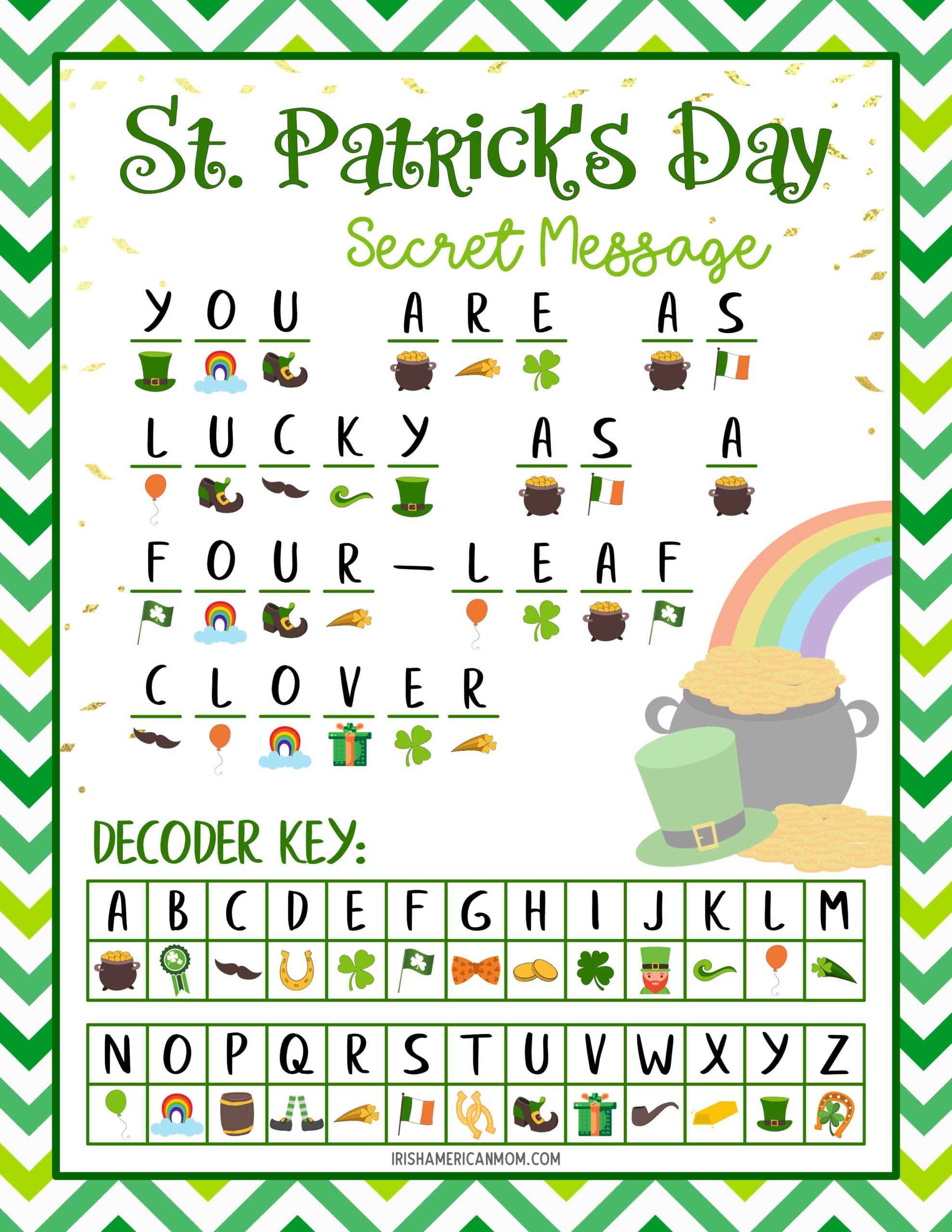 St. Patrick’s Day secret message answer key printable displaying the decoded sentence “You are as lucky as a four-leaf clover,” with green chevron border, rainbow, pot of gold, leprechaun hat, and alphabet symbol decoder chart.