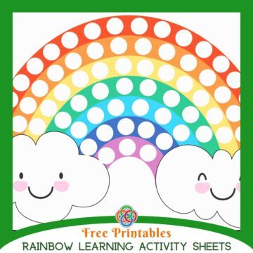 Cover image for Free Rainbow Learning Activity Sheets featuring a colorful rainbow with dot spaces and smiling clouds, promoting printable worksheets for kids.