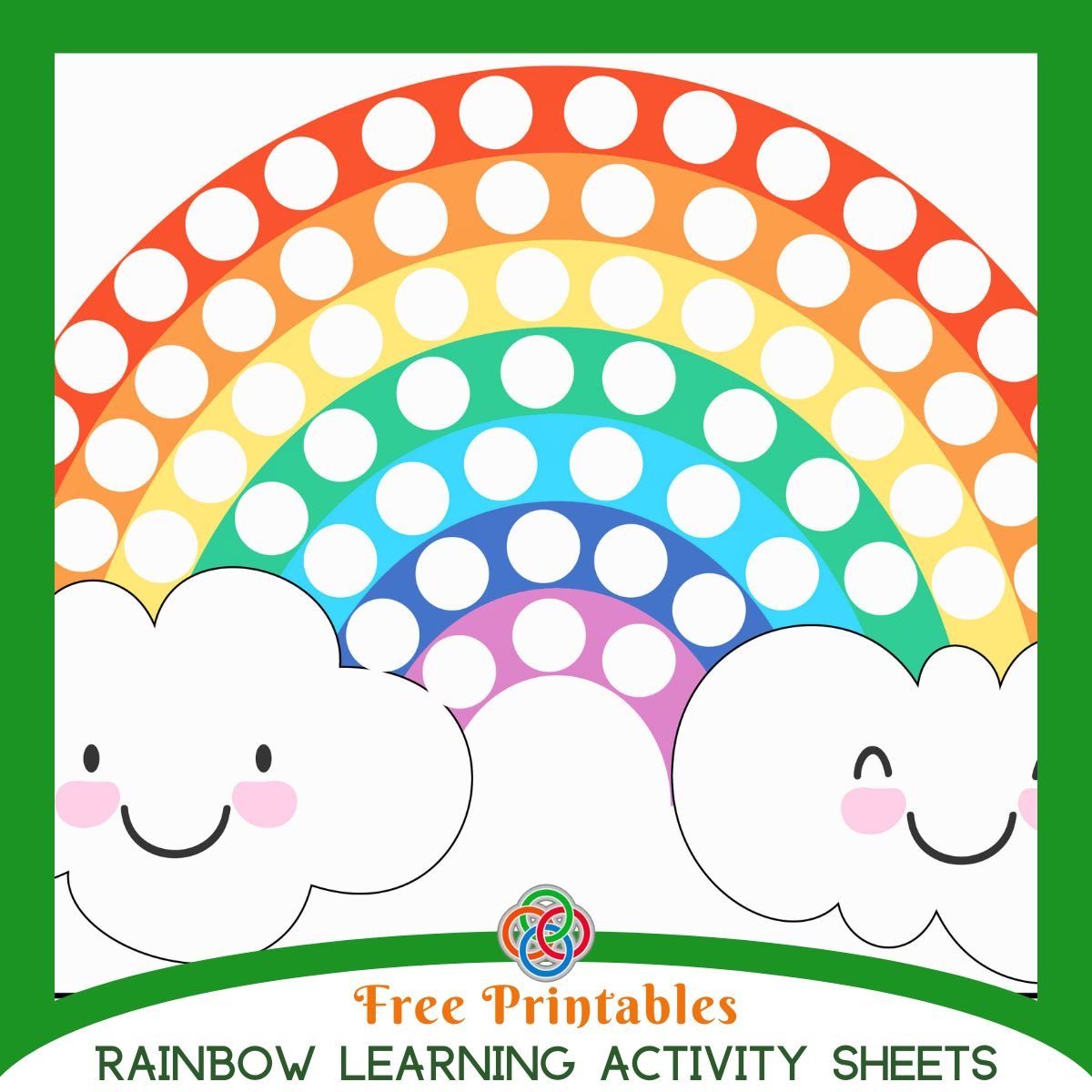 Cover image for Free Rainbow Learning Activity Sheets featuring a colorful rainbow with dot spaces and smiling clouds, promoting printable worksheets for kids.