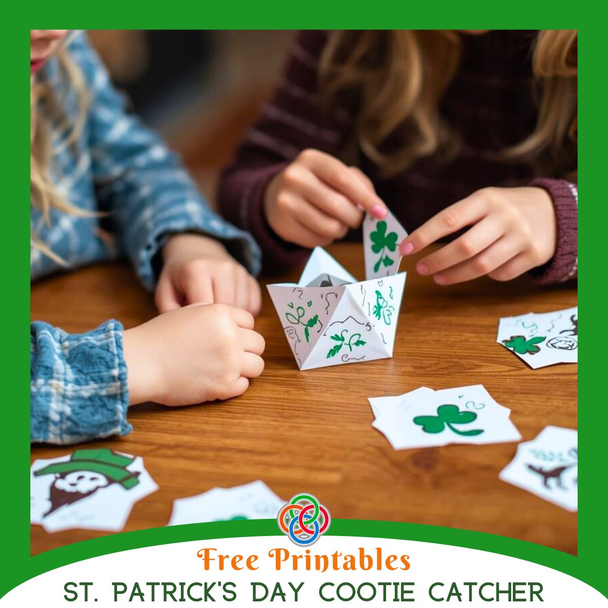 Children sitting at a wooden table playing with a St. Patrick’s Day themed cootie catcher decorated with shamrocks, with printable cards and Irish American Mom branding promoting a free printable activity.