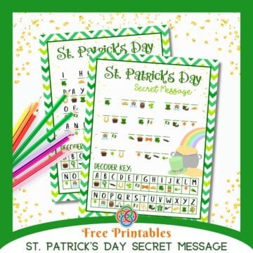 St. Patrick’s Day secret message free printable worksheets displayed with colored pencils, featuring symbol-coded messages, alphabet decoder key, green chevron borders, rainbow, and pot of gold illustration.