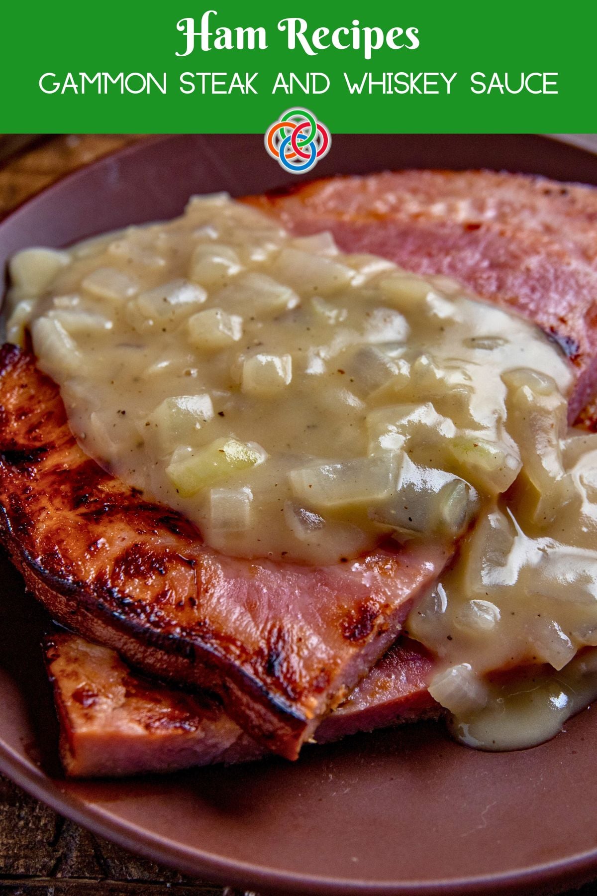 Close-up of pan-seared gammon steak topped with creamy onion whiskey sauce on a brown plate, with green header text reading “Ham Recipes Gammon Steak and Whiskey Sauce.”