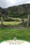 Metal farm gate opening onto green pastureland in rural Ireland, with rocky mountains, forested slopes, and a narrow waterfall in the background under a cloudy sky.