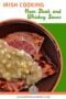 Irish cooking themed graphic featuring ham steak topped with creamy onion whiskey sauce on a brown plate, with text reading “Irish Cooking Ham Steak and Whiskey Sauce” and website link at bottom.