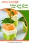 Pinterest-style graphic featuring Irish flag melon and feta appetizer stacks topped with mint and cocktail picks, with text reading “Irish Cuisine Cheese and Melon Irish Flag Stacks” and IrishAmericanMom.com branding.