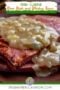 Close-up of ham steak topped with creamy onion whiskey sauce, with text overlay reading “Irish Cuisine Ham Steak and Whiskey Sauce” and website link at bottom.
