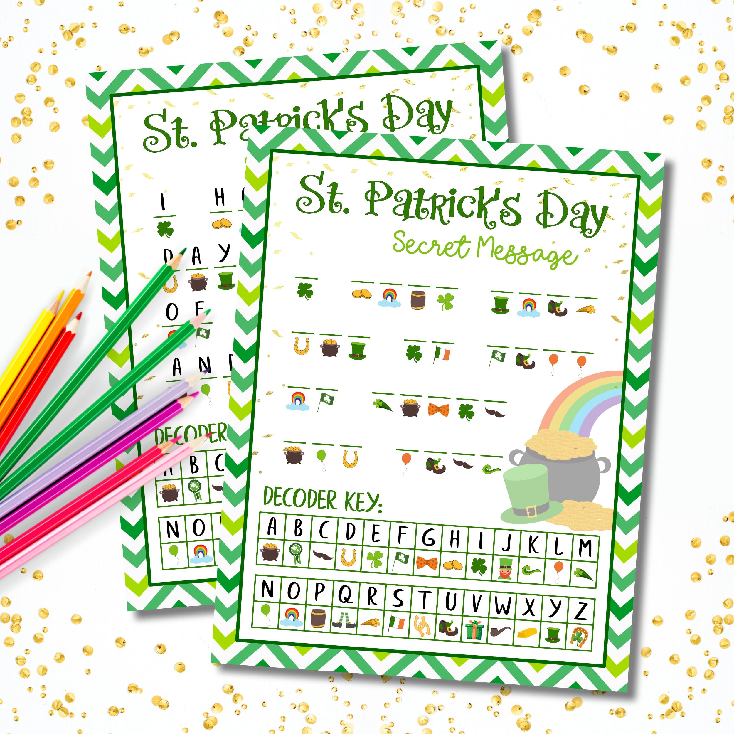 Two St. Patrick’s Day secret message printable worksheets with green chevron borders, festive symbol decoder key, and colored pencils on a gold confetti background.