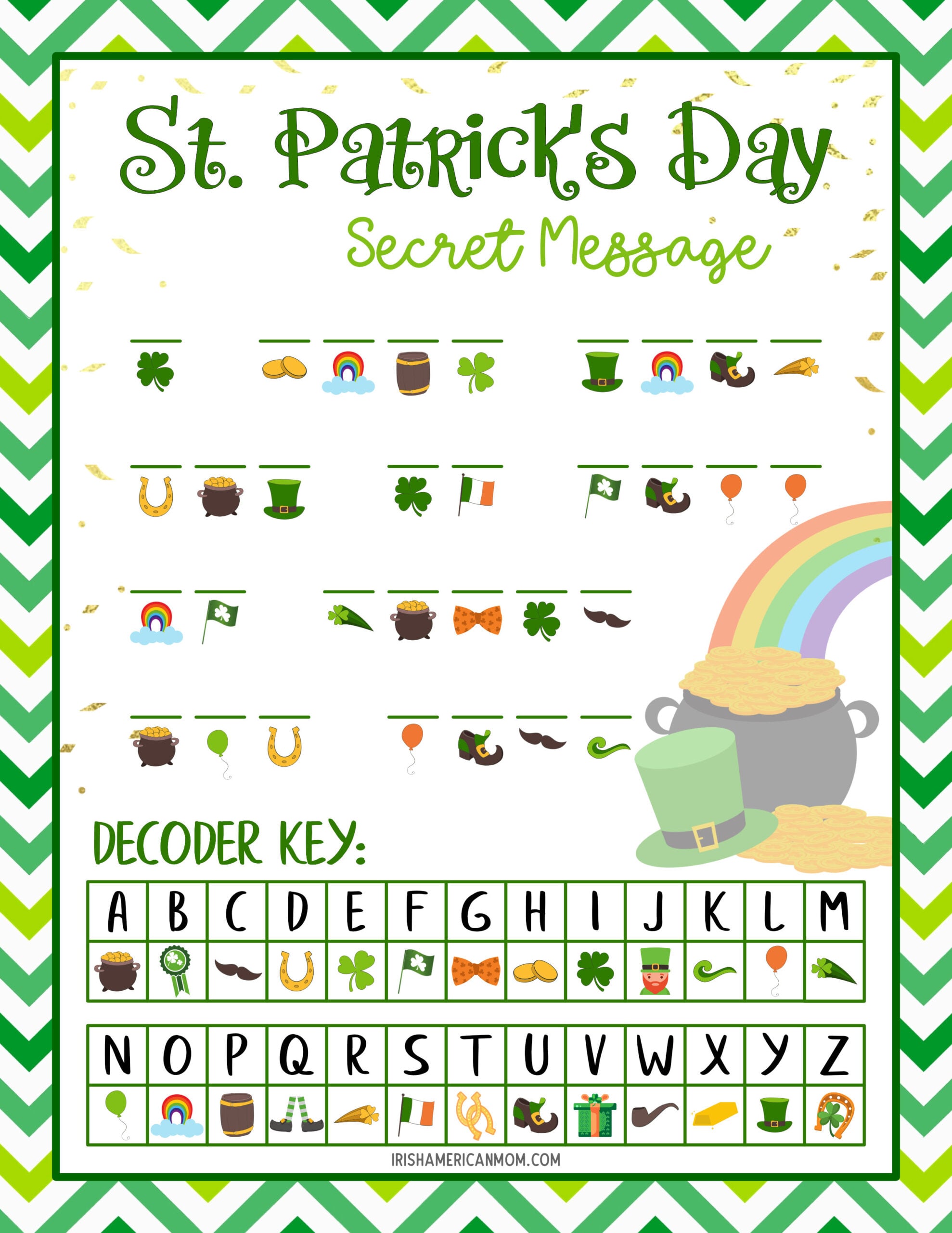 St. Patrick’s Day secret message printable worksheet with green chevron border, symbol-coded message, decoder key, rainbow, pot of gold, and leprechaun hat illustration.