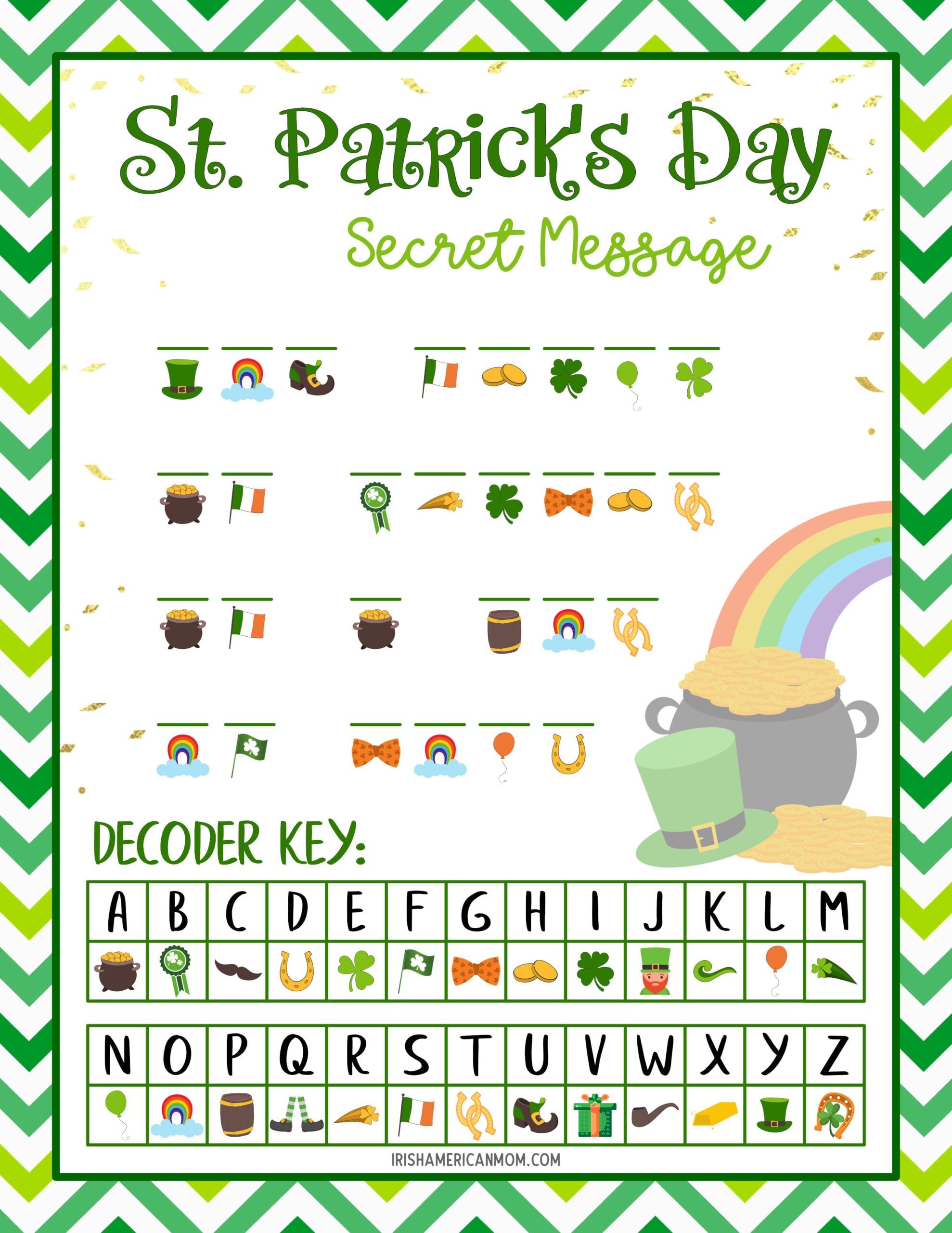 St. Patrick’s Day secret message printable featuring symbol-coded sentences, alphabet decoder key, green chevron border, rainbow, pot of gold, and leprechaun hat illustration.