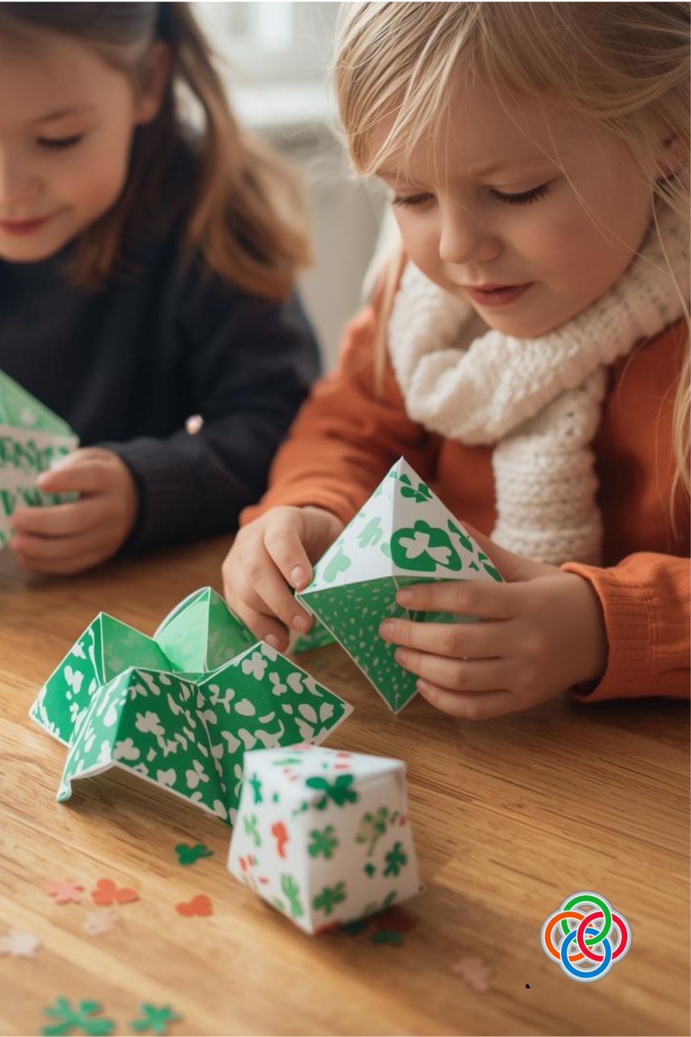 Paper fortune teller or cootie catcher fun | Irish American Mom Two young children sitting at a wooden table folding and playing with green shamrock-themed paper fortune tellers for St. Patrick’s Day, with scattered paper shamrocks and Irish American Mom logo in the corner.