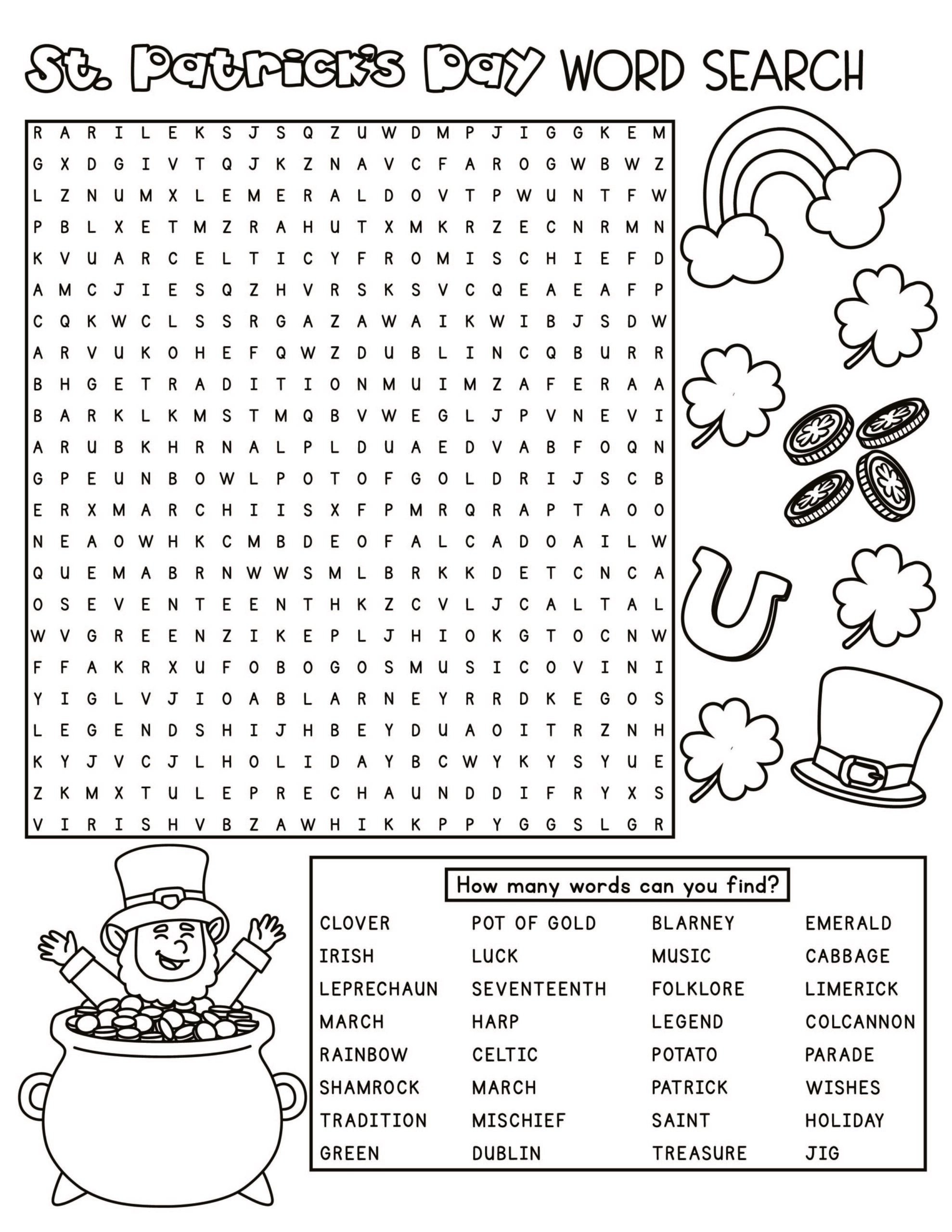 Black and white printable St. Patrick’s Day word search featuring Irish-themed vocabulary, shamrocks, rainbow, pot of gold, horseshoe, and leprechaun illustrations.