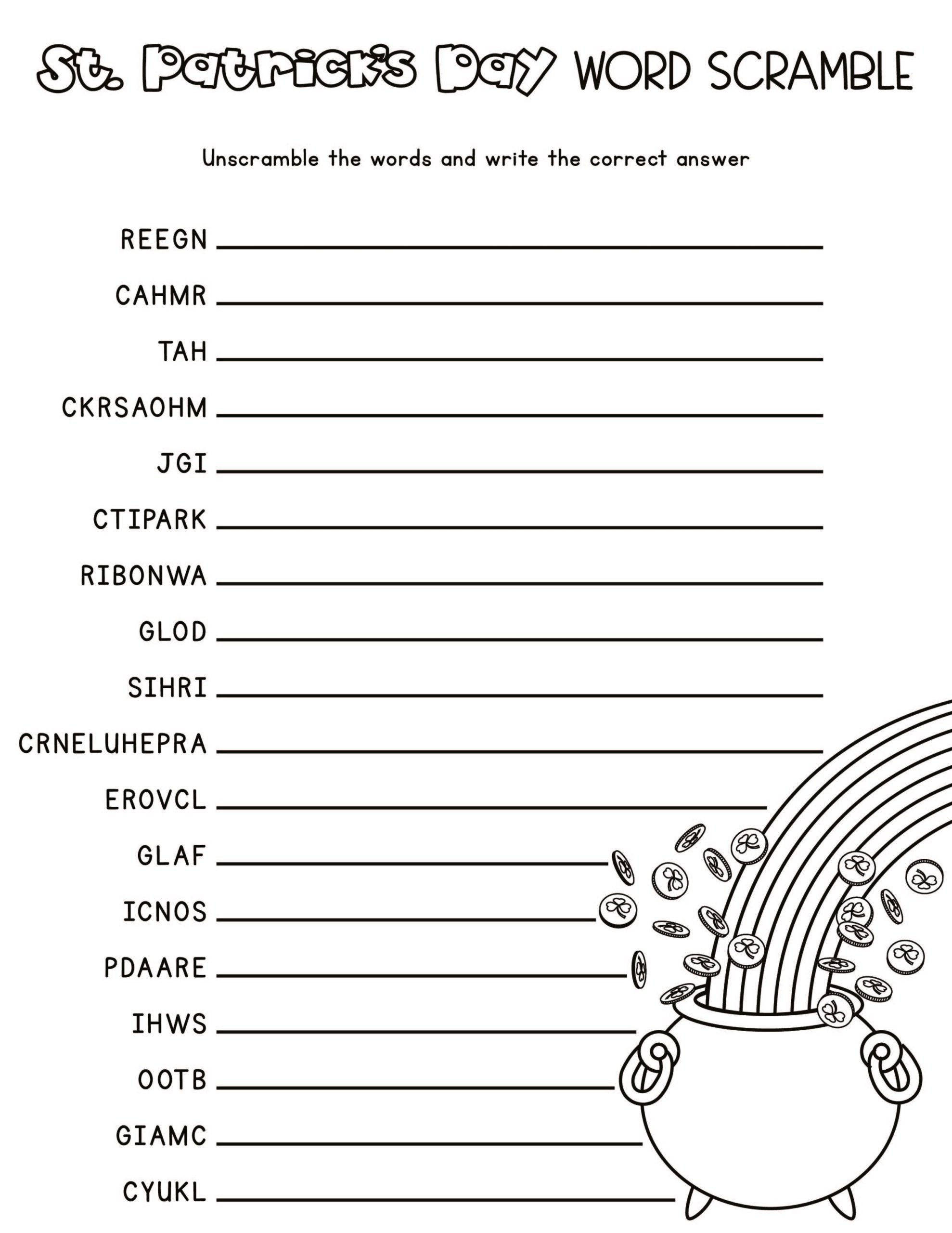 Black and white printable St. Patrick’s Day word scramble worksheet with scrambled Irish-themed words and a pot of gold with rainbow illustration.
