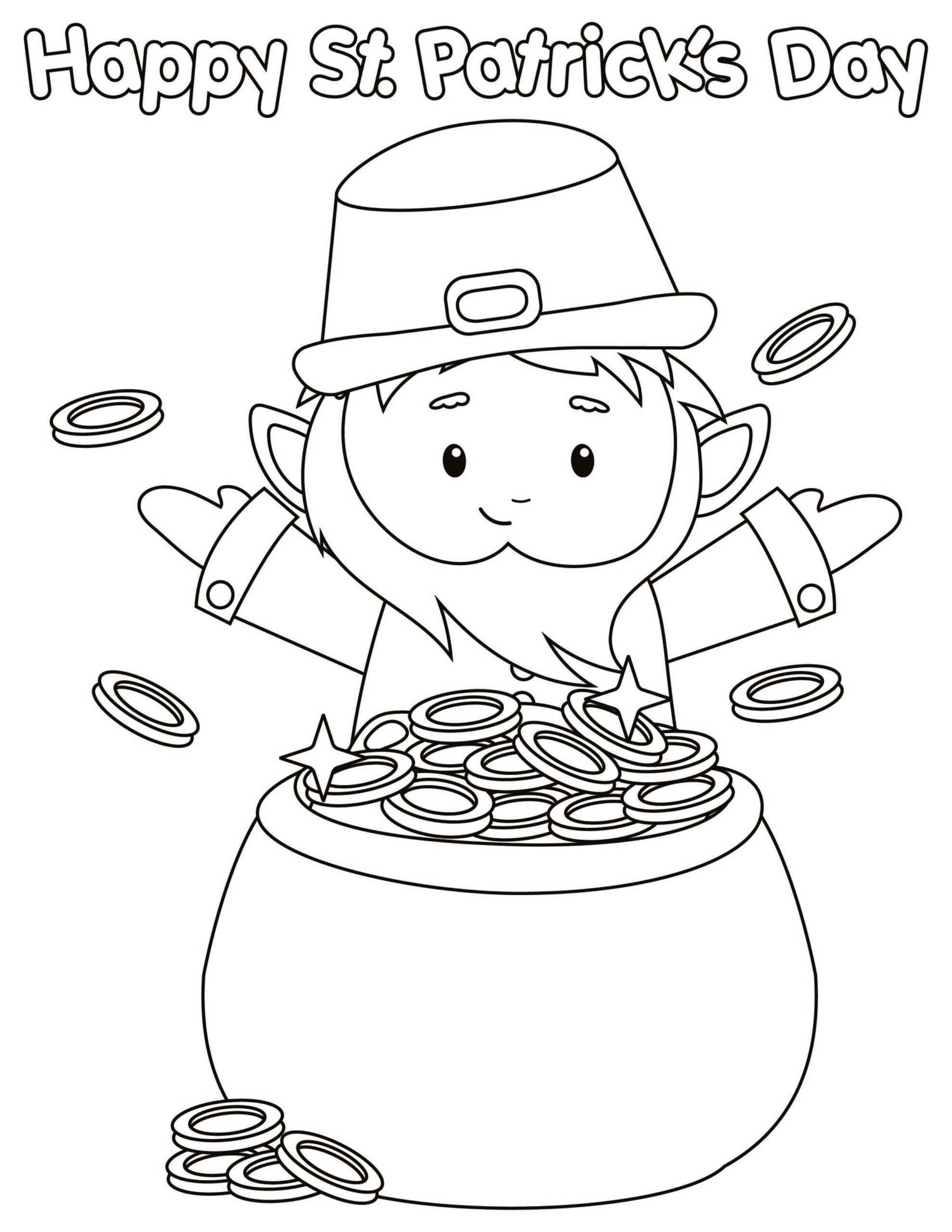 Black and white printable St. Patrick’s Day coloring page featuring a smiling leprechaun in a pot of gold with coins and the words “Happy St. Patrick’s Day” at the top.