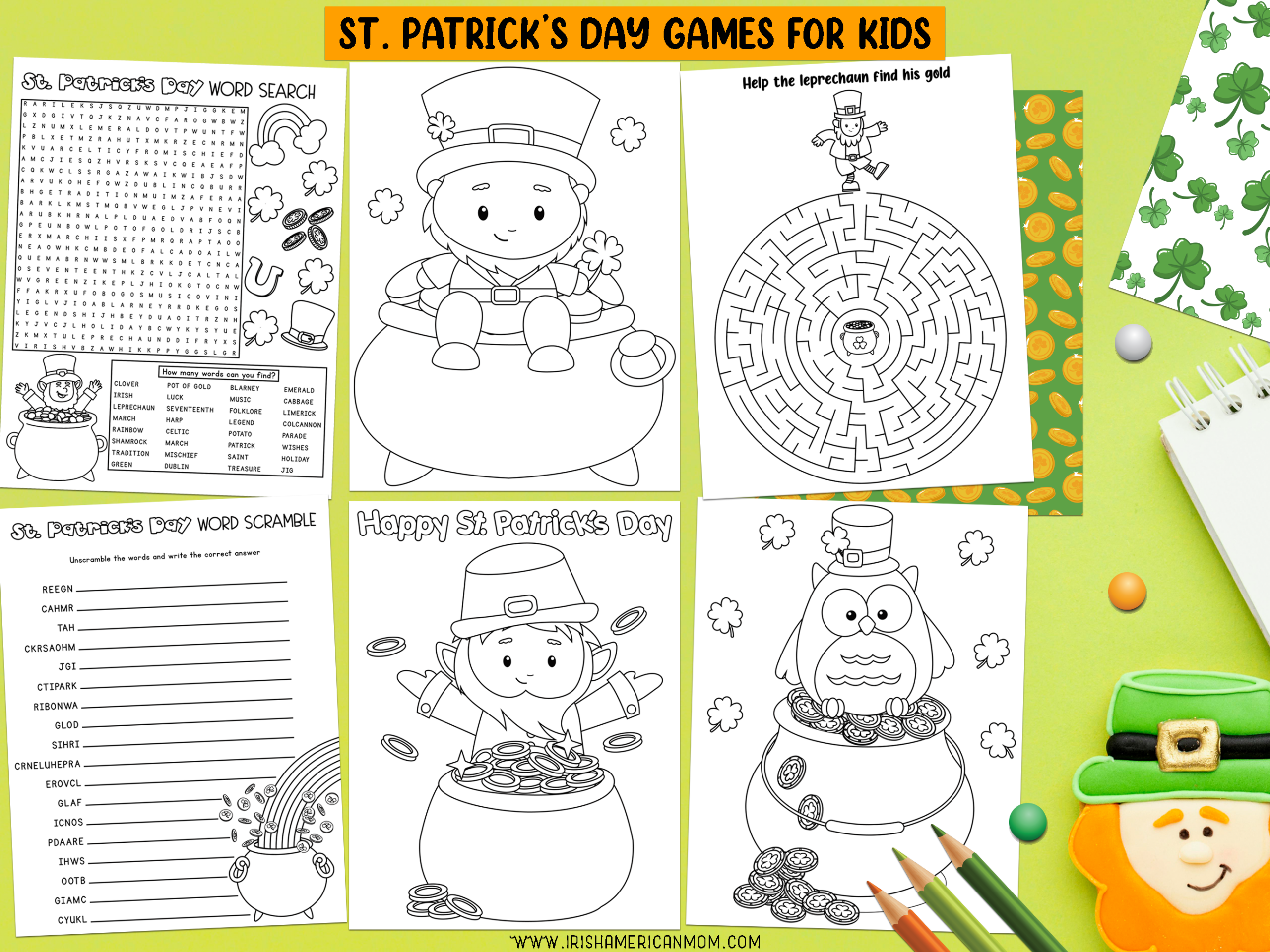 Collage of free printable St. Patrick’s Day games for kids including a word search, word scramble, coloring pages with leprechauns and owl, and a circular maze on a green background.