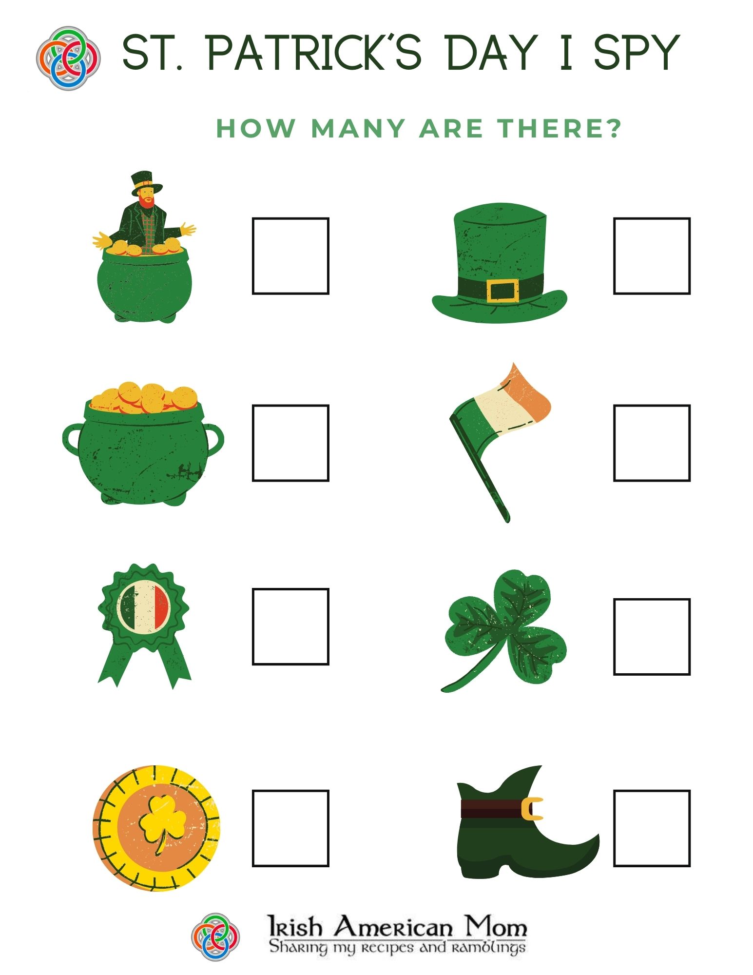 St. Patrick’s Day I Spy answer sheet featuring pictures of a leprechaun in a pot of gold, green top hat, pot of gold, Irish flag, rosette badge, shamrock, gold coin with clover, and green boot with blank counting boxes beside each image.