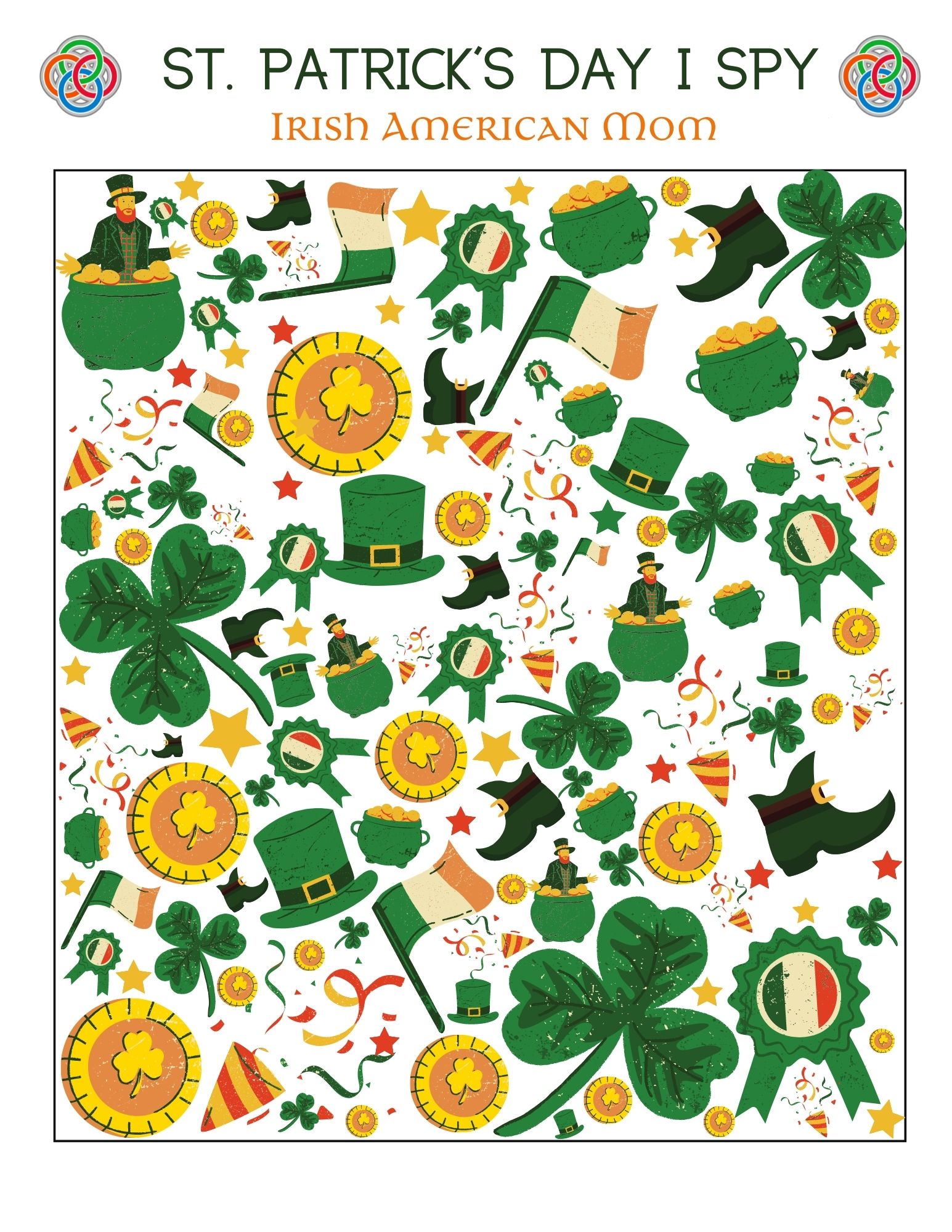 St. Patrick’s Day I Spy printable featuring shamrocks, leprechauns in pots of gold, Irish flags, green hats, boots, gold coins, rosettes, stars, and festive confetti in a colorful counting activity sheet for kids.