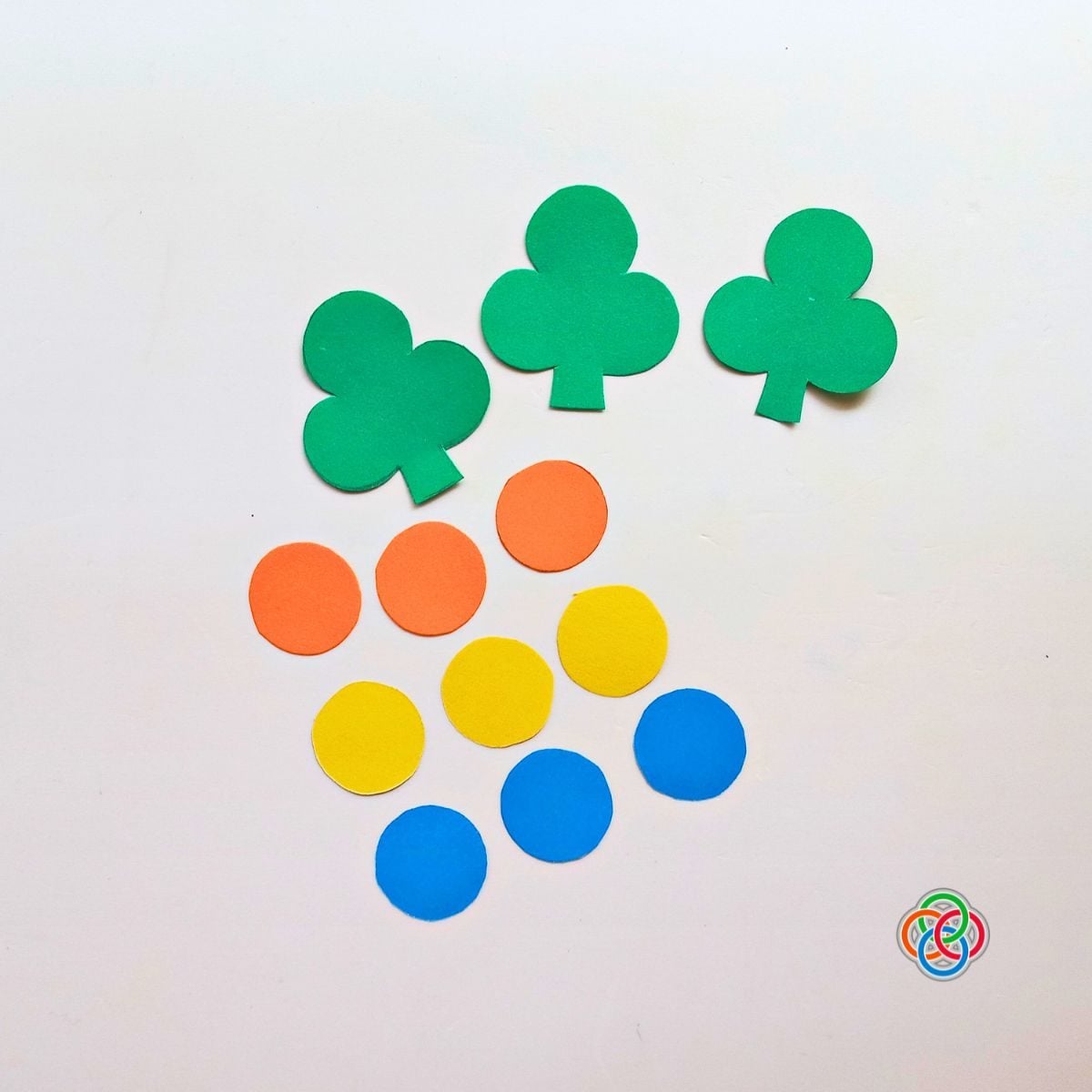 Green shamrock cutouts and orange, yellow, and blue paper circles arranged on a white background for a Saint Patrick's Day garland craft, with Irish American Mom logo in the corner.