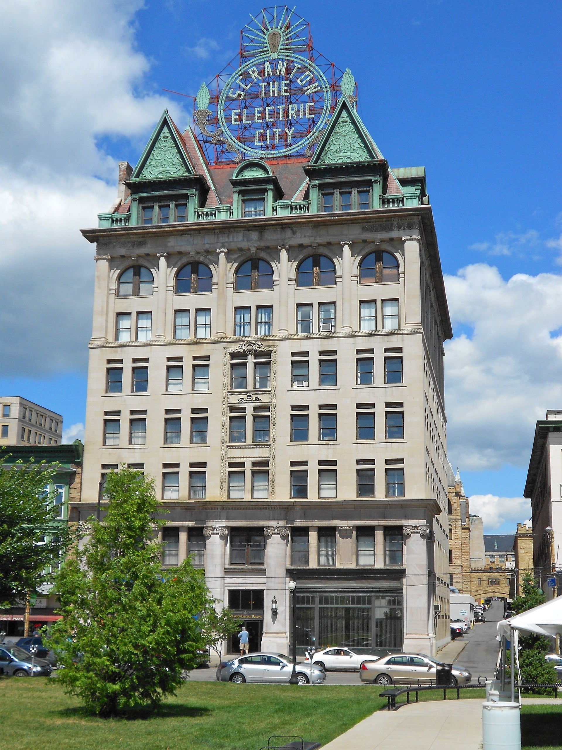 Building in Scranton, Pennsylvania with a sign saying "The Electric City."
