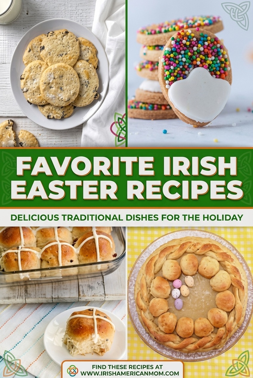Four-image Celtic-styled quad grid featuring Irish Easter recipes, Easter biscuits and Easter egg colorful cookies, hot cross buns, Simnel cake, with a central text banner in cream, forest green, and burnt orange.