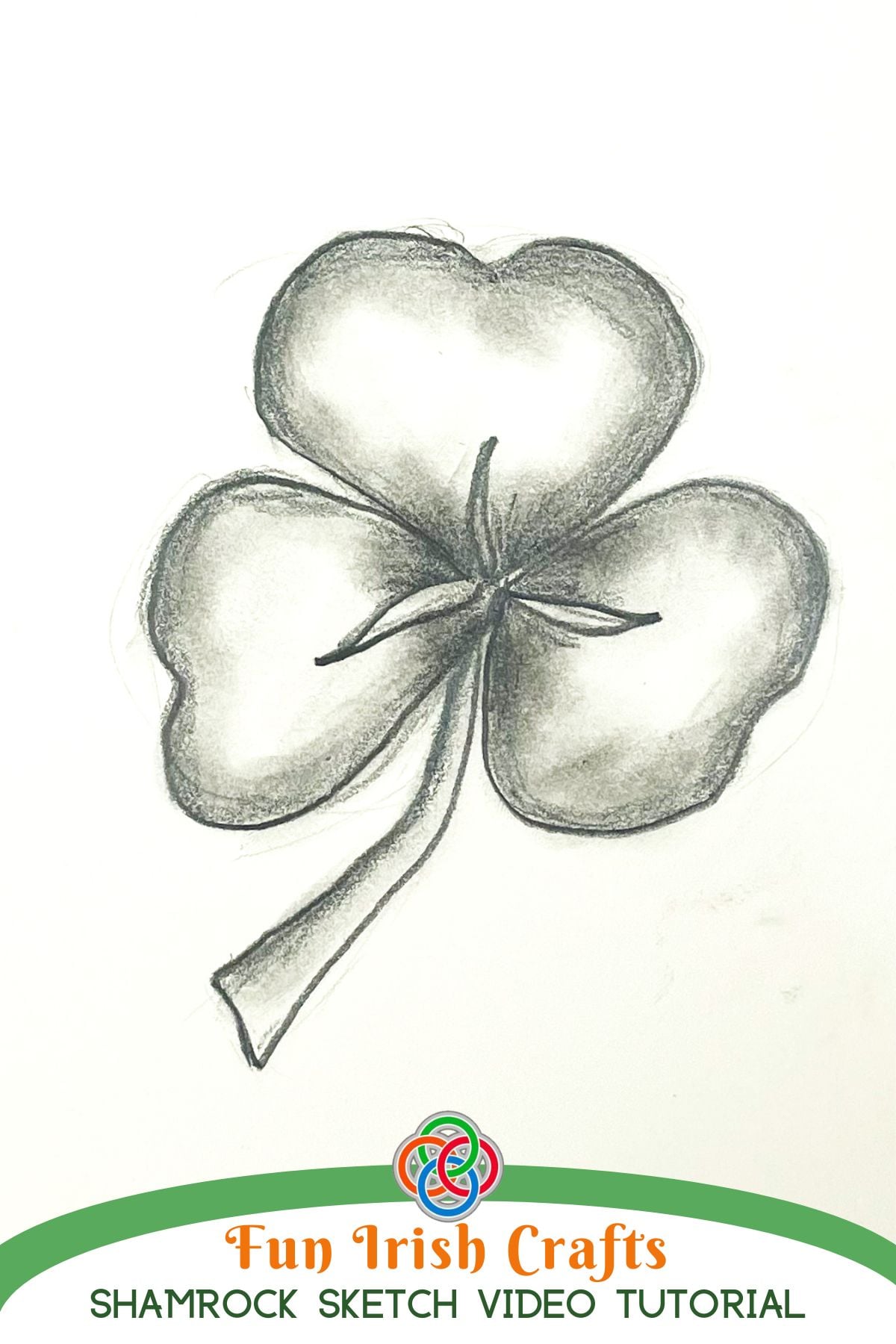 Pencil sketch of a shaded shamrock with three heart-shaped leaves and stem above text reading 