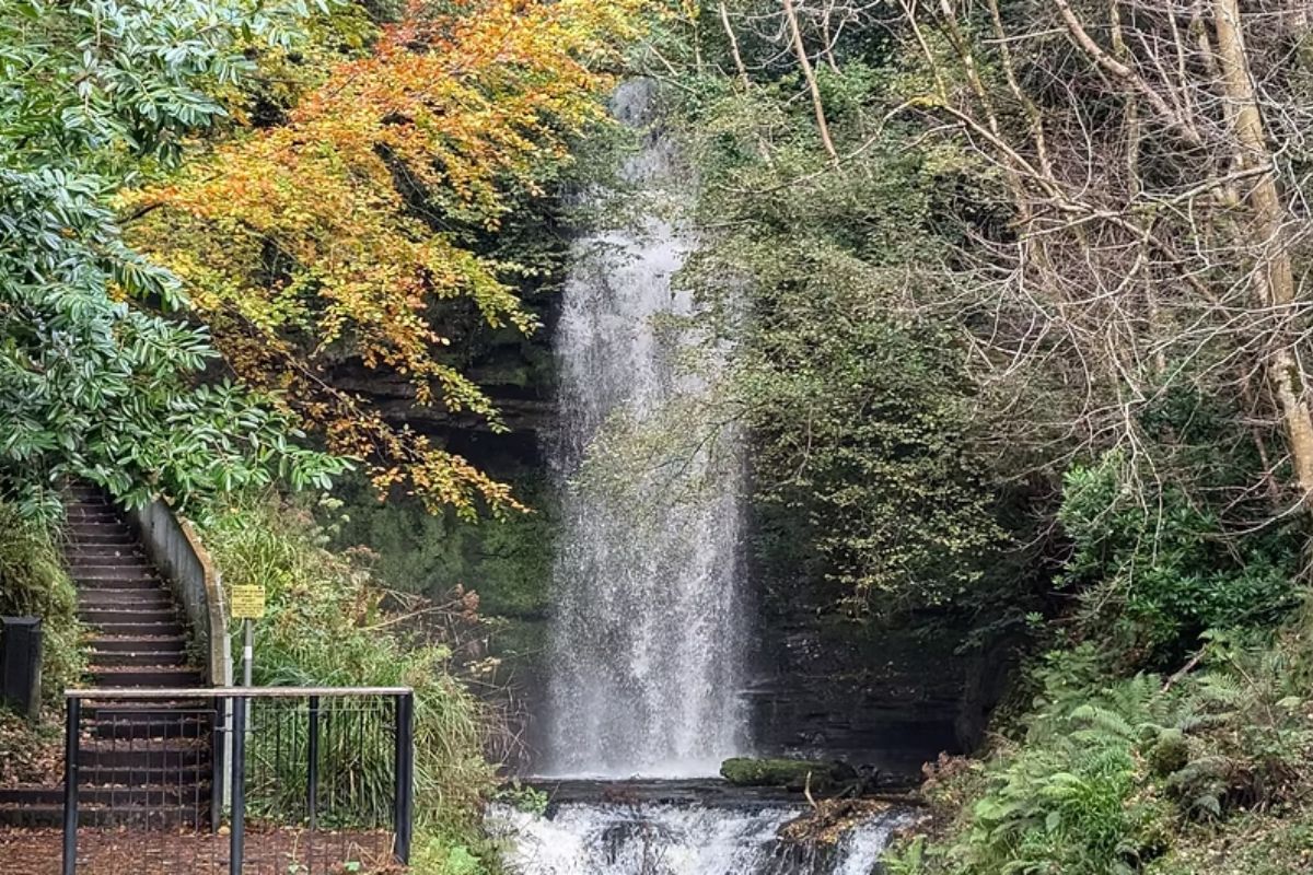 Glencar Waterfall County Leitrim | Irish American Mom Glencar Waterfall in County Leitrim, Ireland, cascading down a rocky cliff surrounded by trees and woodland along a peaceful walking path.