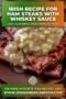 Single-image Celtic-styled poster in cream, forest green, and burnt orange featuring a sizzling Irish ham steak glazed in whiskey sauce with caramelised onions plus a text banner at the top of the graphic.