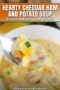Close-up of a spoonful of creamy cheddar ham and potato soup with chunks of potato, ham, and melted cheese, with text reading Hearty Cheddar Ham and Potato Soup Easy Comfort Food Recipe.