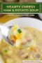Spoonful of cheesy ham and potato soup over a bowl of the soup with an upper text banner with green background, cream text with amber highlights.