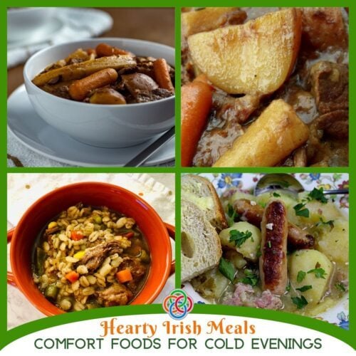 Collage of hearty Irish meals including beef stew with carrots and potatoes, beef barley soup, and Dublin coddle with sausages and potatoes, with text reading 
