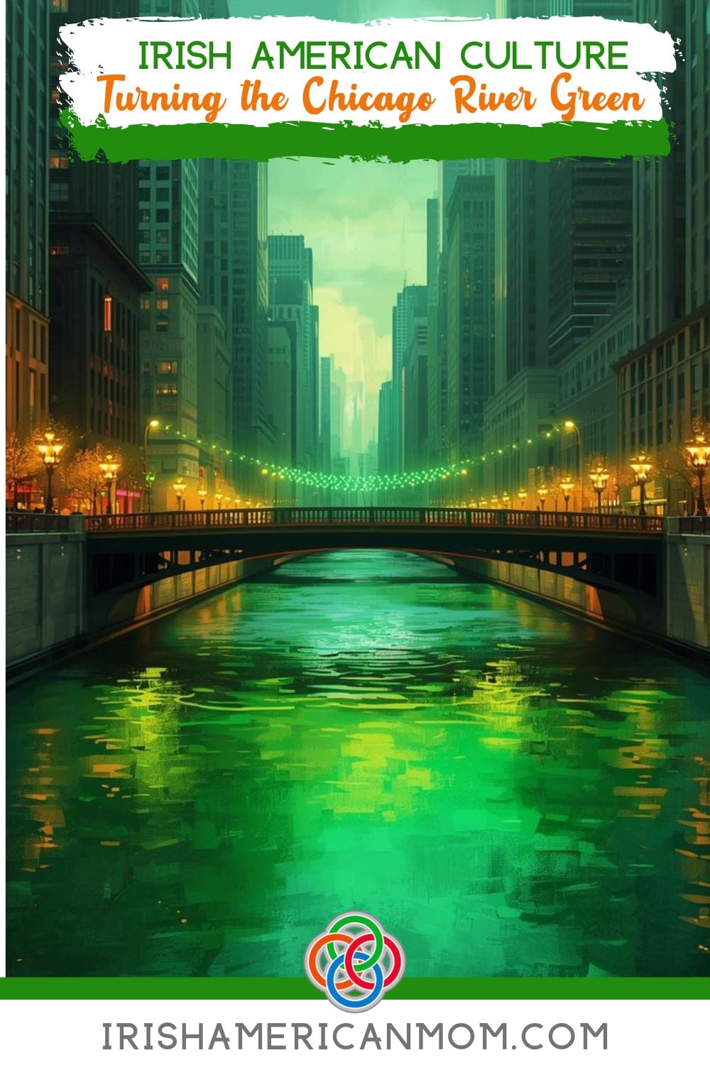 Illustration of the Chicago River glowing bright green between city buildings to celebrate Saint Patrick’s Day, with text reading “Irish American Culture: Turning the Chicago River Green.”