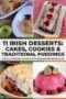 Four-image quad-grid of classic Irish desserts — cakes, cookies, and puddings — styled in warm tones with charcoal, light grey, soft grey, green, and burnt orange accents.