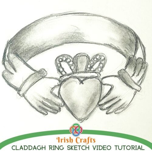 Shaded pencil drawing of a Claddagh ring featuring hands holding a crowned heart, with text reading 