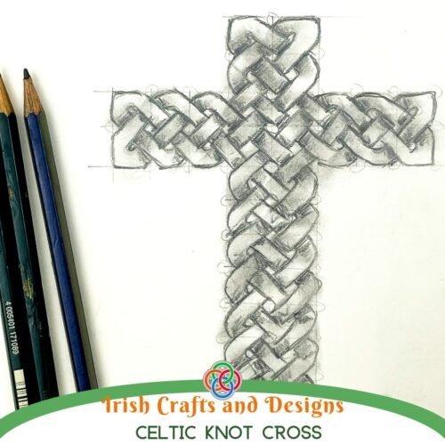 Pencil sketch of a Celtic knot cross made from interwoven knotwork patterns beside drawing pencils, with text reading 
