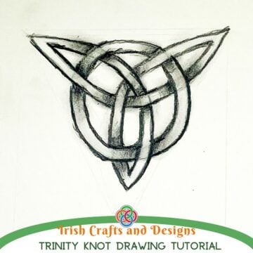 Shaded pencil drawing of a Trinity knot Celtic design on white paper with text reading “Irish Crafts and Designs Trinity Knot Drawing Tutorial” and a Celtic knot logo.