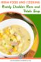 Pinterest-style graphic featuring a bowl of creamy cheddar ham and potato soup with text reading Irish Food and Cooking Hearty Cheddar Ham and Potato Soup.