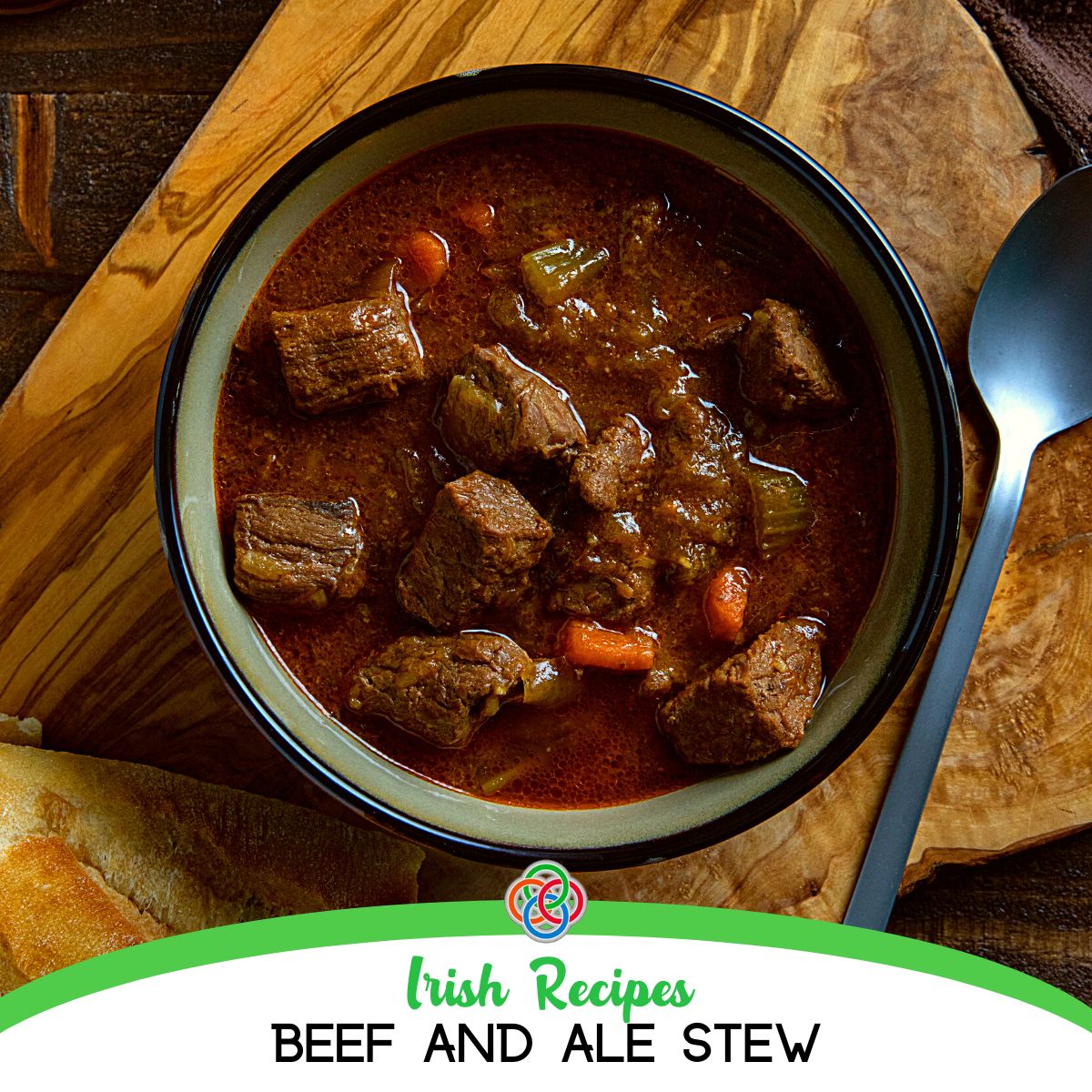 Bowl of beef and ale stew with carrots and potatoes in a rich broth.